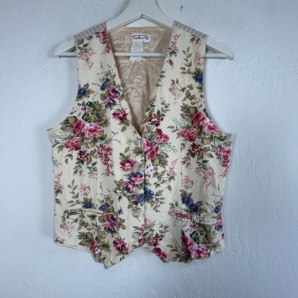 Talbots Womens V-Neck Floral Vest Medium Beige Striped Back Lightweight Pockets - Picture 1 of 7
